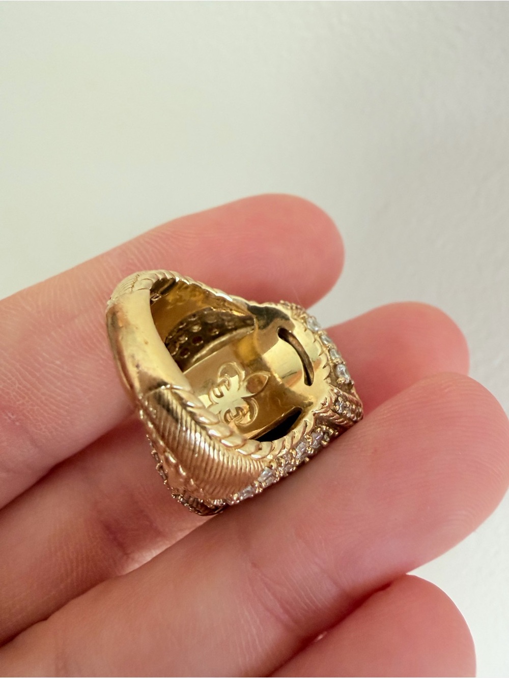 RARE Judith Ripka 925 Gold-Tone Ring with Deep Blue Cabochon and Pavé Accents - Picture 9 of 11